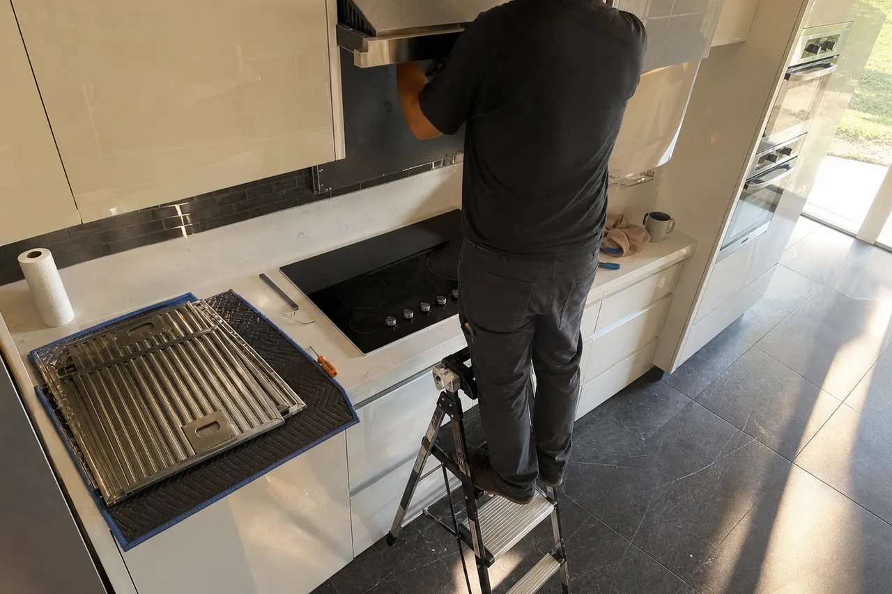 A technician on a small step ladder reaching up into a stainless wall hood over a black glass cooktop, two baffle filters resting on a padded blanket on the counter beside him.