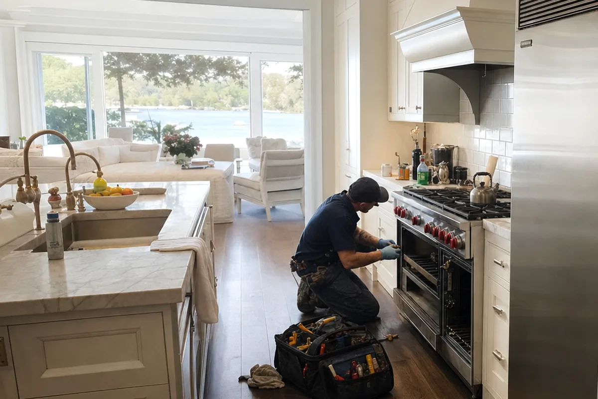 A waterside kitchen with a stainless range and hood, a technician working at the open oven door