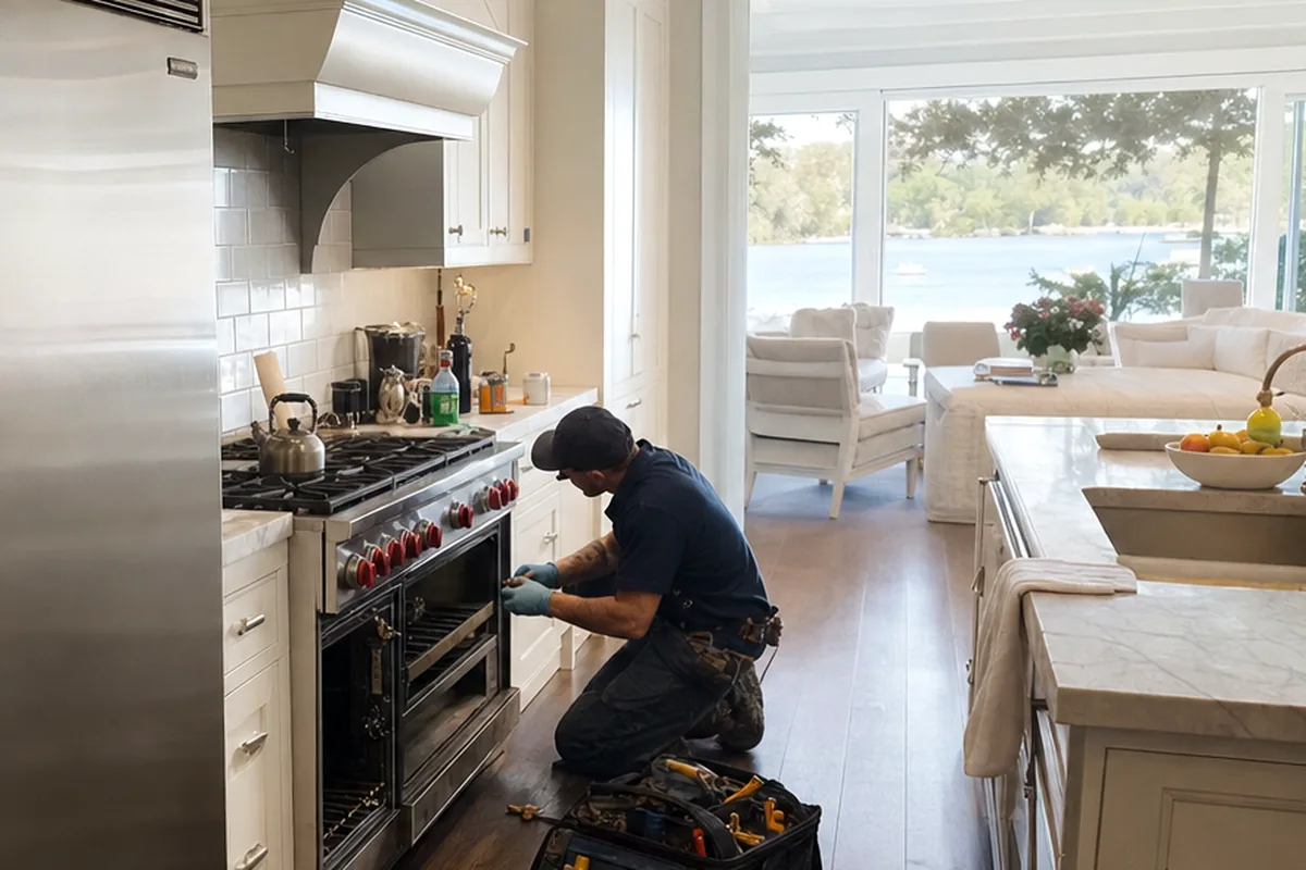 A bright kitchen a few doors from the water, technician crouched at an open range oven with his bag beside him