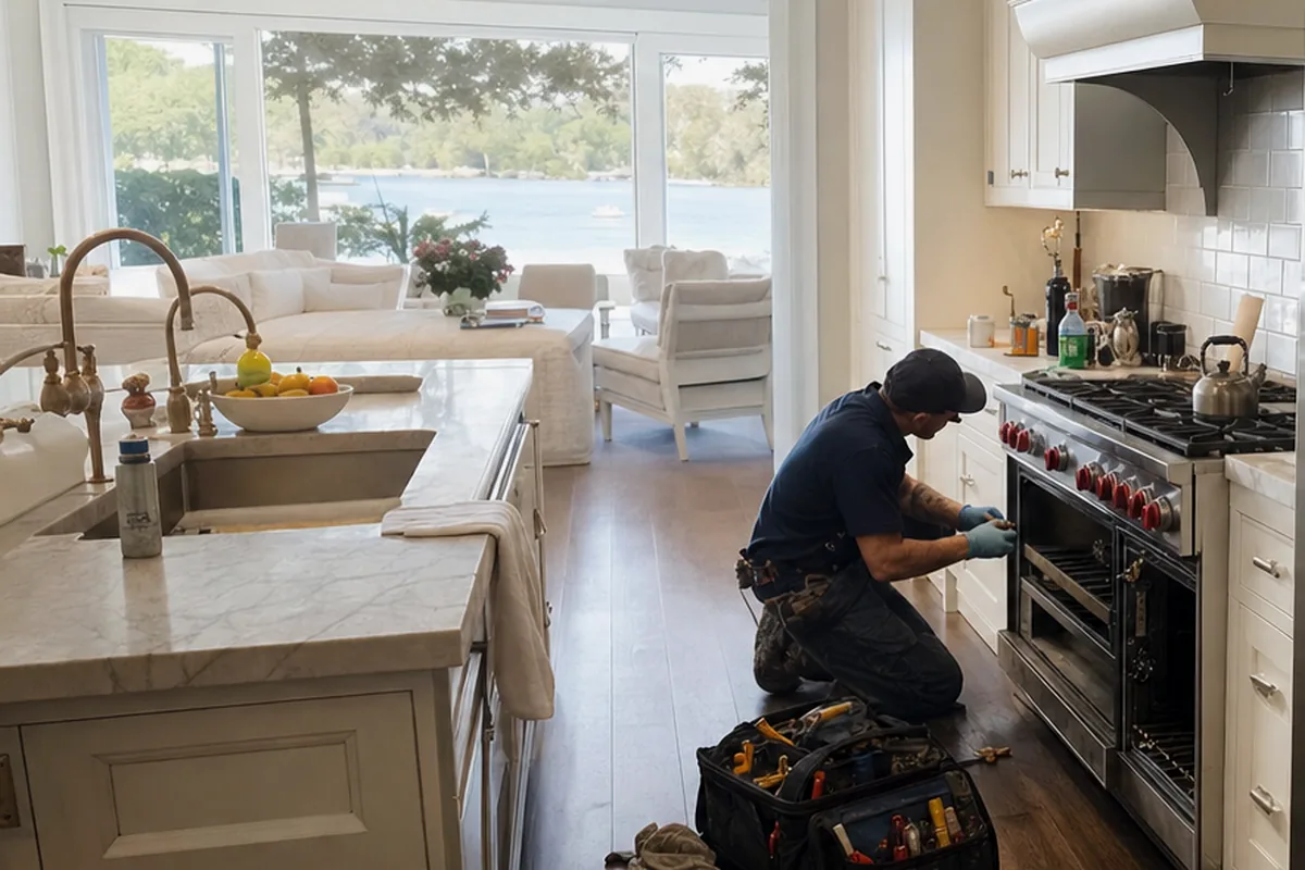 An open-plan coastal kitchen with a range against the wall and a technician kneeling in front of it, daylight from the water side