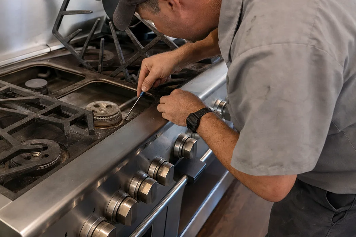 A technician working over the exposed burner deck of a stainless range, the control panel and its wiring in reach