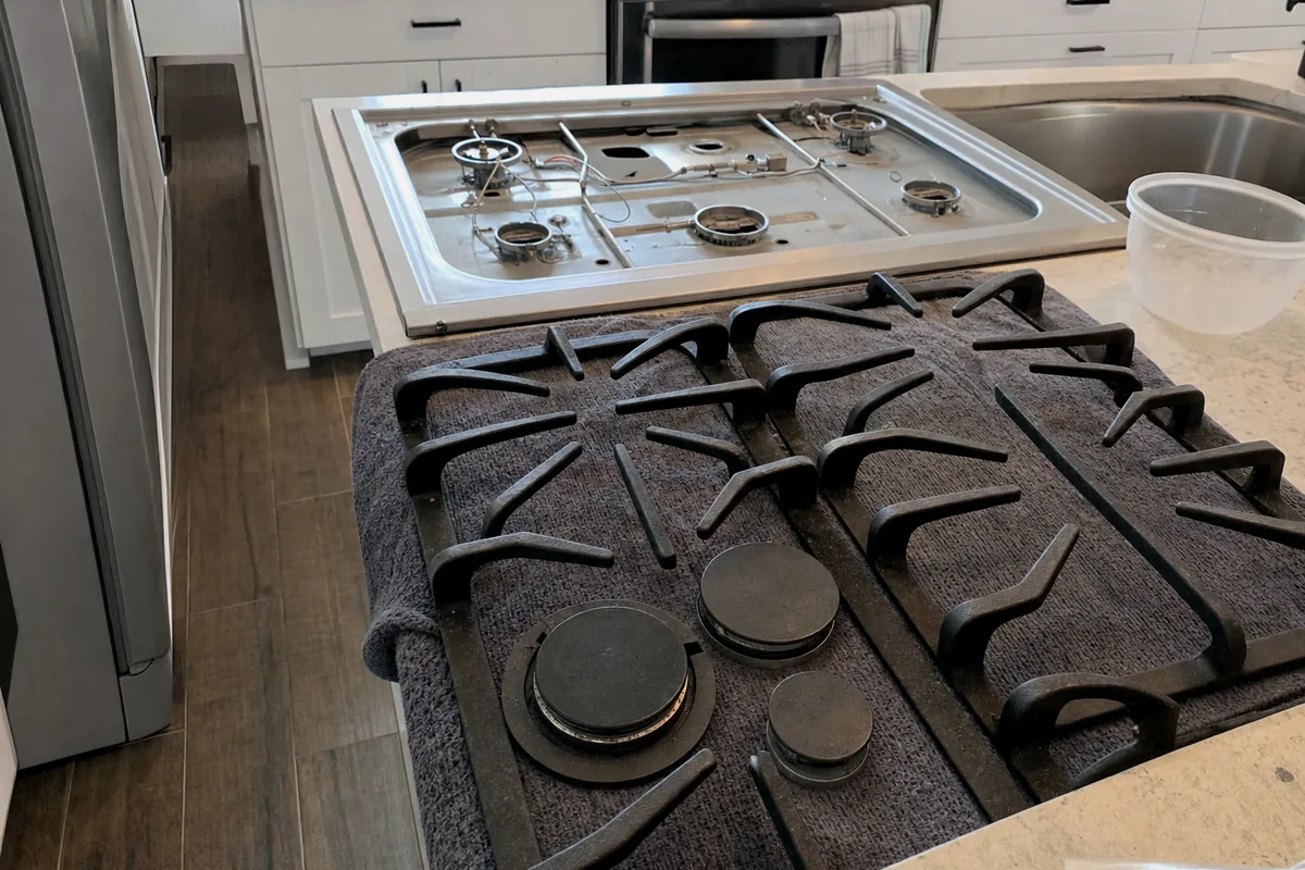 A rangetop with its grates removed and stacked, the deck wiped down at the end of a visit