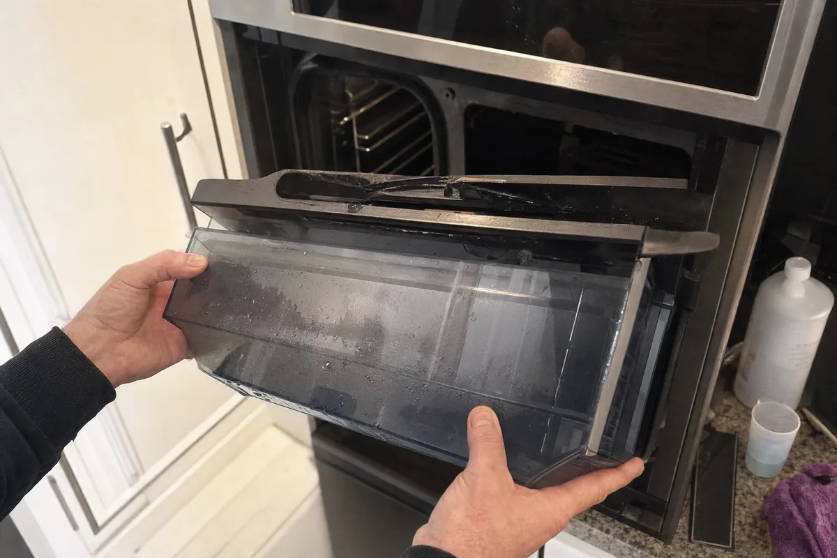 Two hands drawing the water reservoir out of a built-in steam oven, the empty bay visible behind it