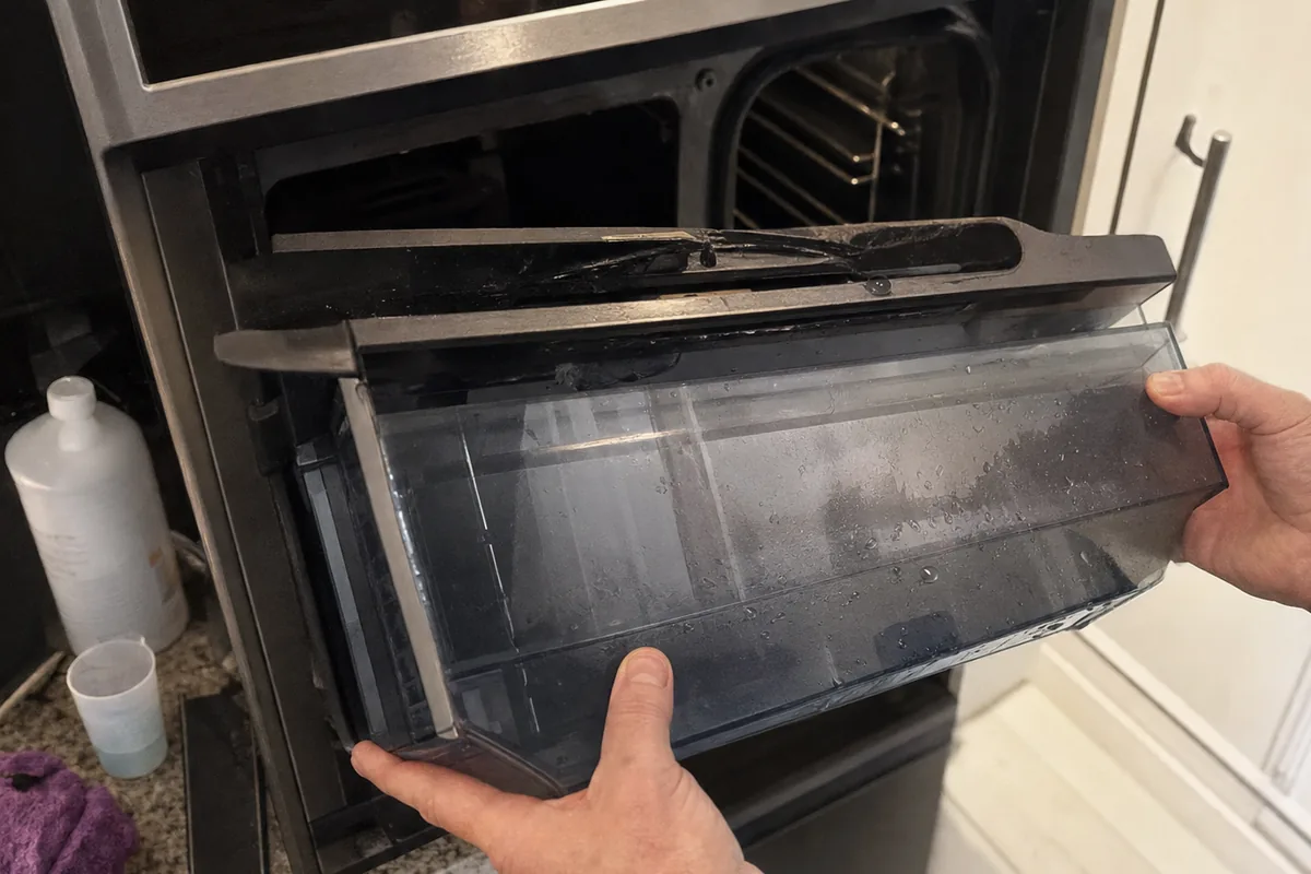 Hands supporting a heavy water reservoir clear of the oven bay it was drawn out of